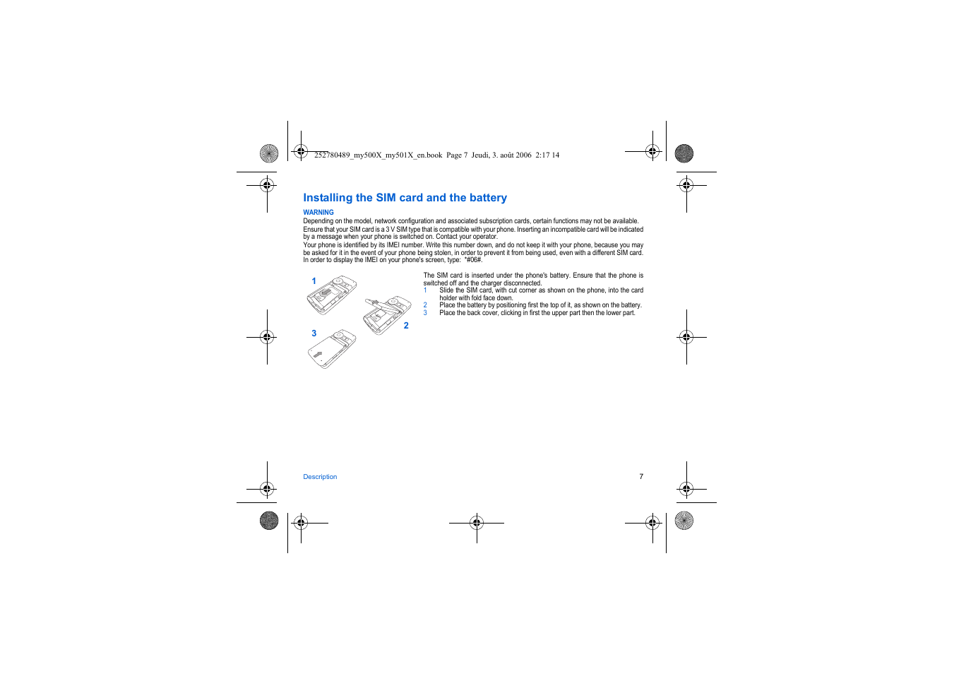 Installing the sim card and the battery | Sagem my500x User Manual | Page 7 / 66