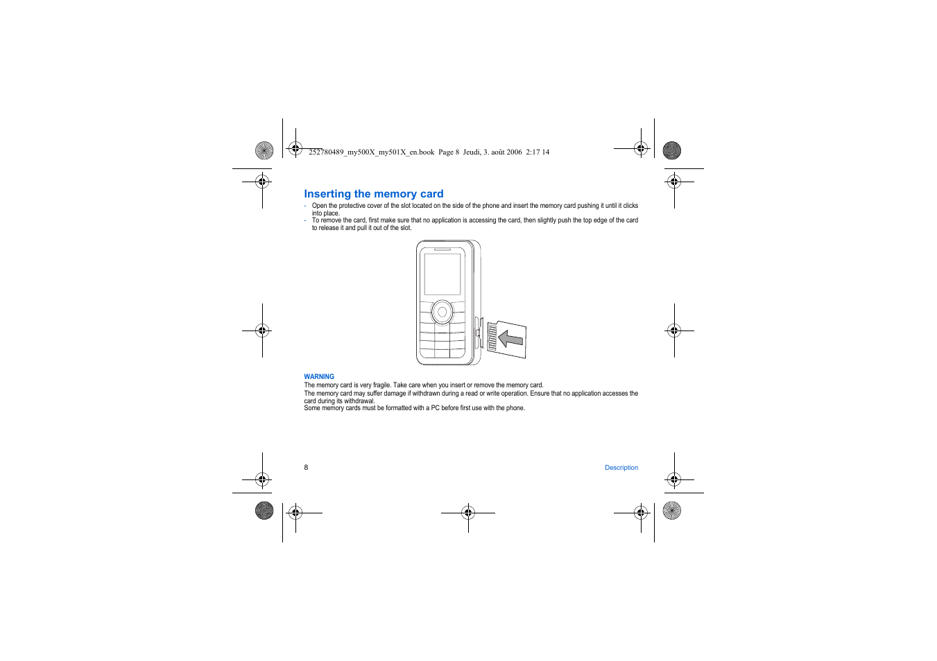 Inserting the memory card | Sagem my500x User Manual | Page 8 / 66