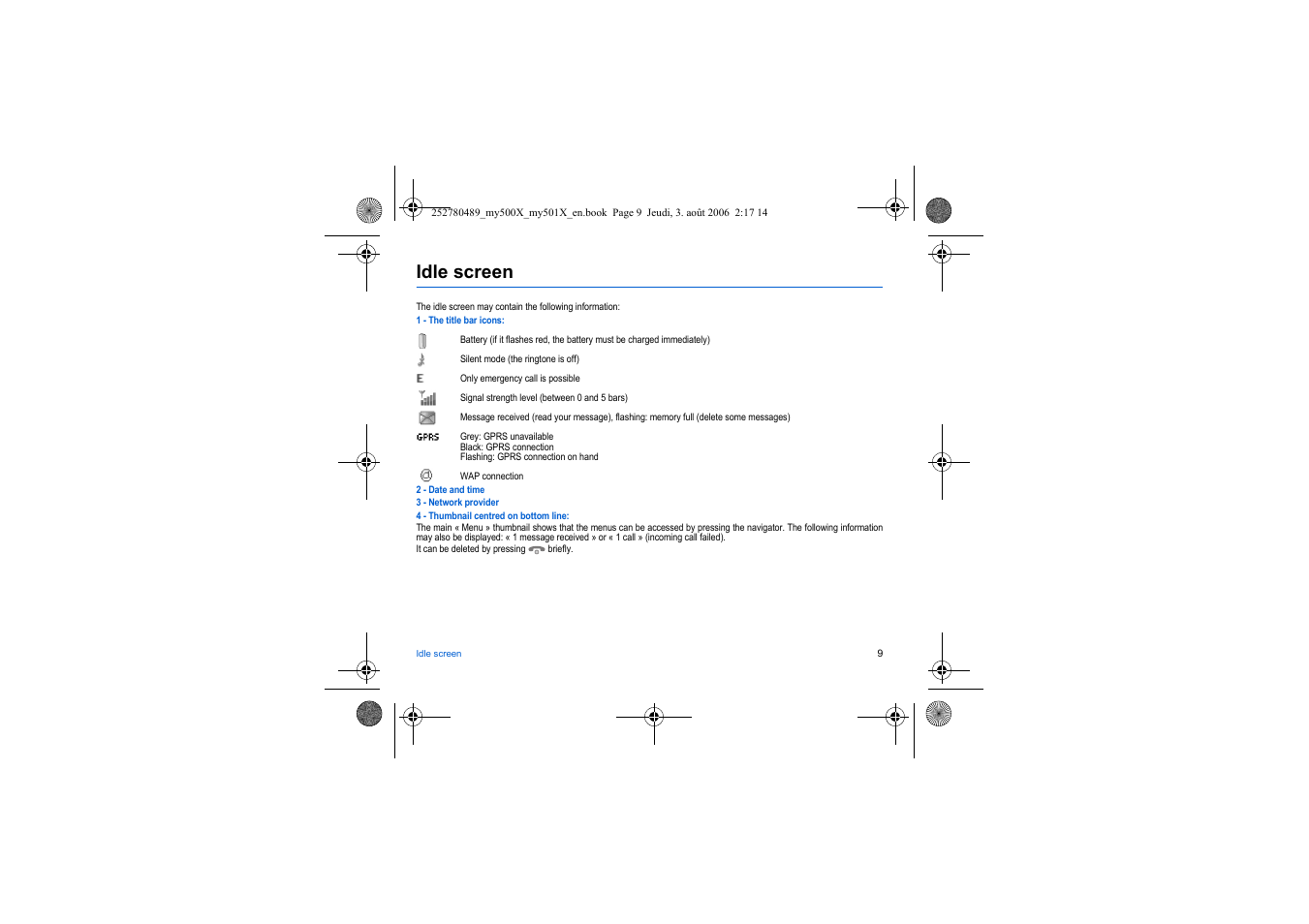 Idle screen | Sagem my500x User Manual | Page 9 / 66