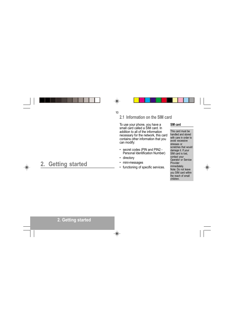 Getting started, Getting started 2.1 information on the sim card | Sagem MY 302X User Manual | Page 11 / 63