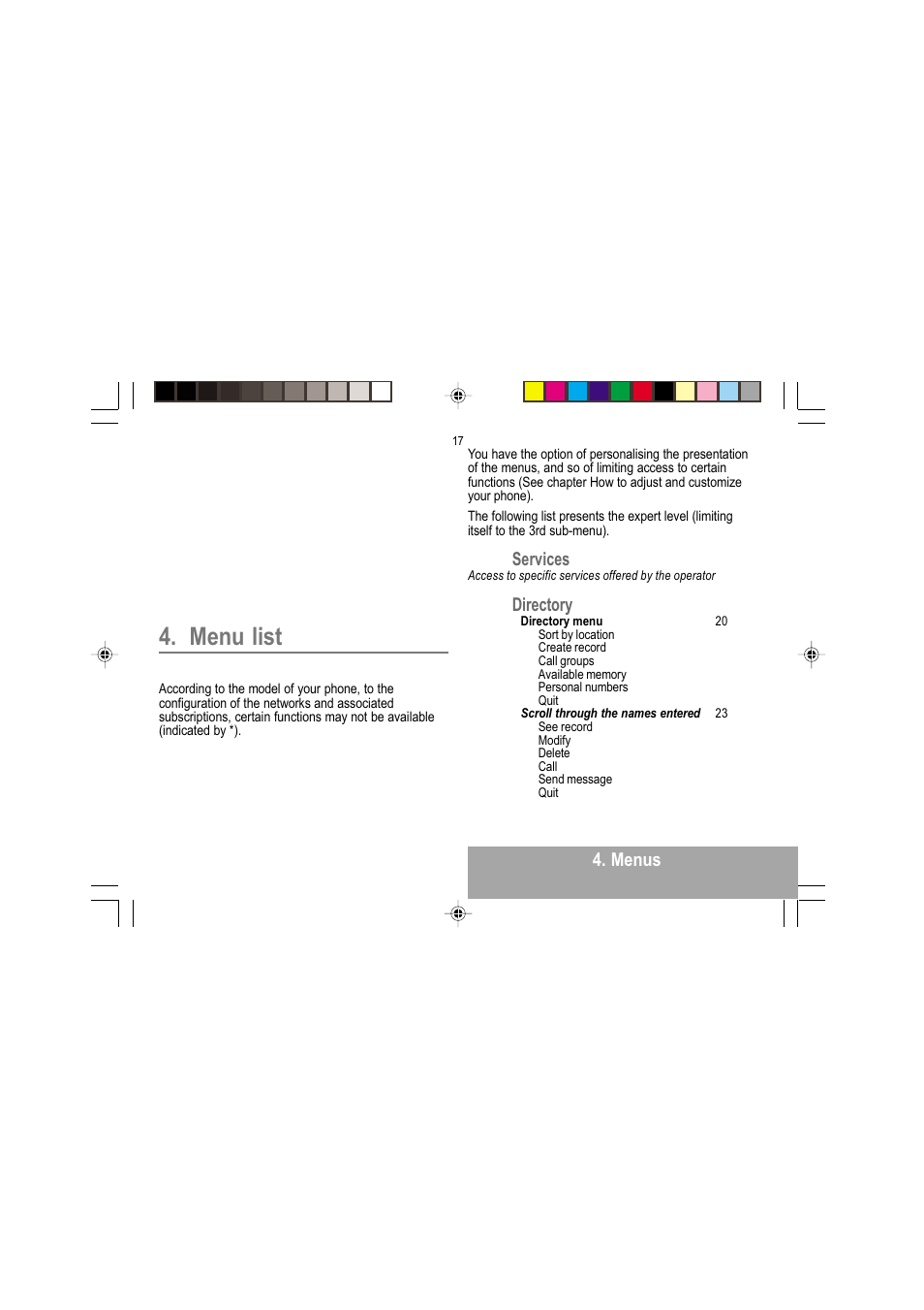 Menu list, Menus, Services | Directory | Sagem MY 302X User Manual | Page 18 / 63