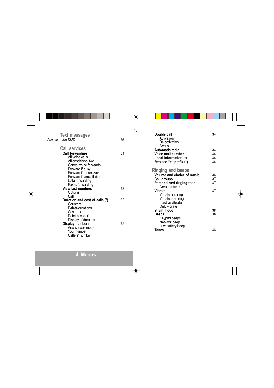 Menus text messages, Call services, Ringing and beeps | Sagem MY 302X User Manual | Page 19 / 63