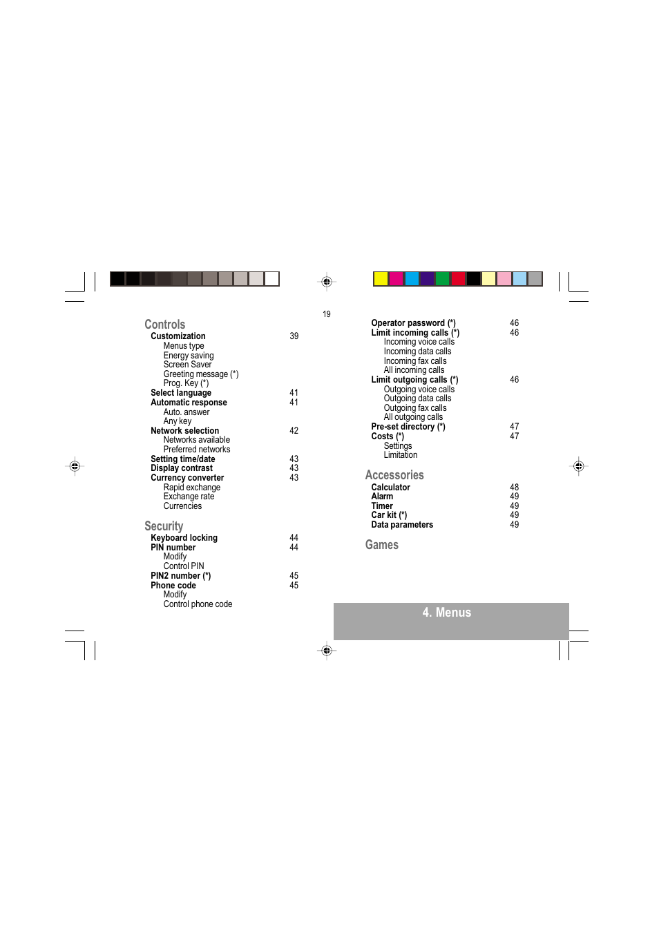 Menus controls, Security, Accessories | Games | Sagem MY 302X User Manual | Page 20 / 63