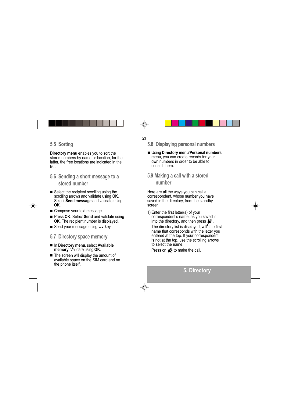 Directory 5.5 sorting, 6 sending a short message to a stored number, 8 displaying personal numbers | 9 making a call with a stored number | Sagem MY 302X User Manual | Page 24 / 63