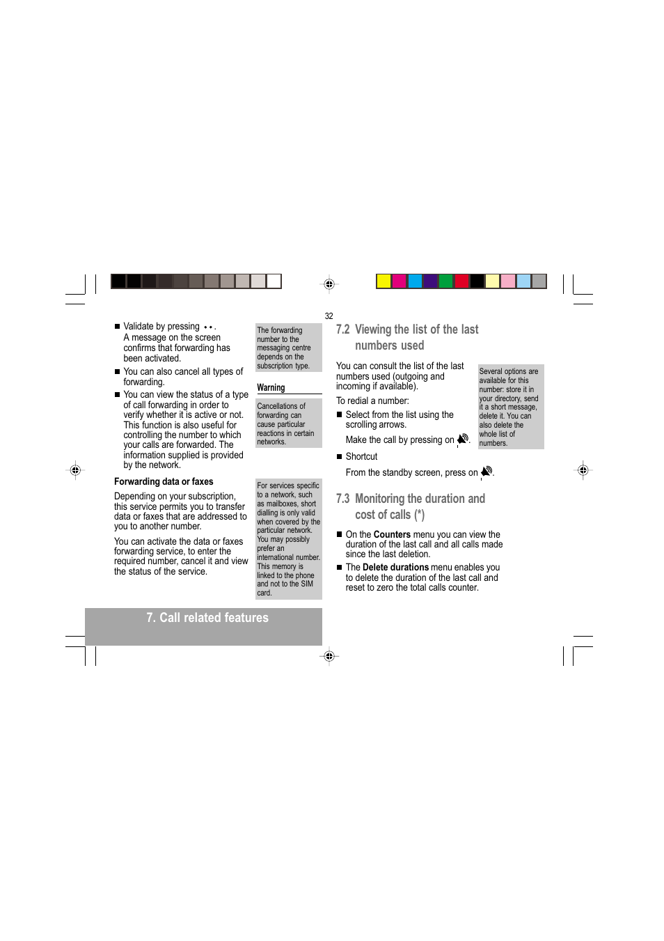 Call related features, 2 viewing the list of the last numbers used, 3 monitoring the duration and cost of calls (*) | Sagem MY 302X User Manual | Page 33 / 63