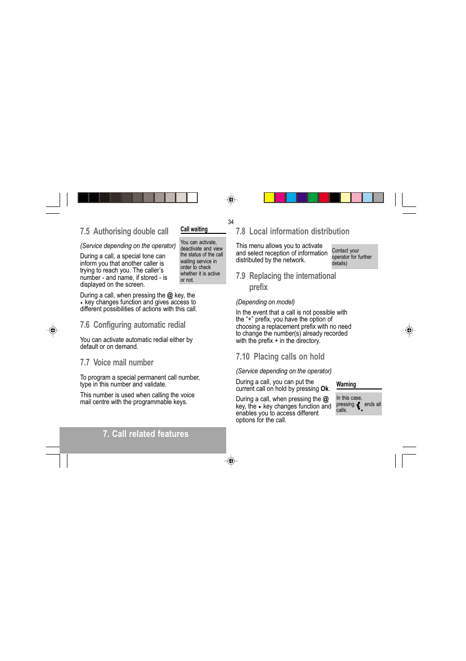 Call related features, 5 authorising double call, 6 configuring automatic redial | 7 voice mail number, 8 local information distribution, 9 replacing the international prefix, 10 placing calls on hold | Sagem MY 302X User Manual | Page 35 / 63