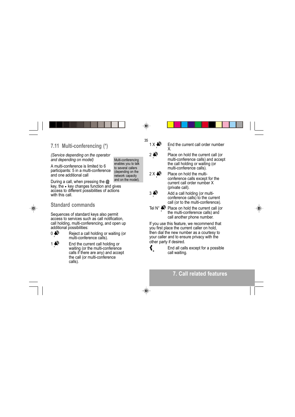 Call related features, 11 multi-conferencing (*), Standard commands | Sagem MY 302X User Manual | Page 36 / 63