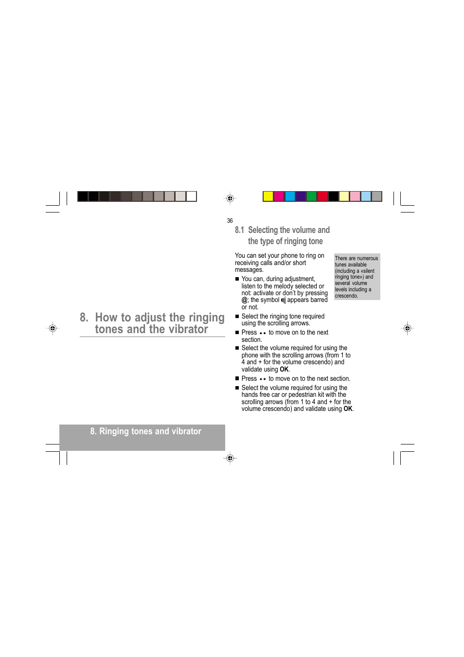 How to adjust the ringing tones and the vibrator, Ringing tones and vibrator | Sagem MY 302X User Manual | Page 37 / 63