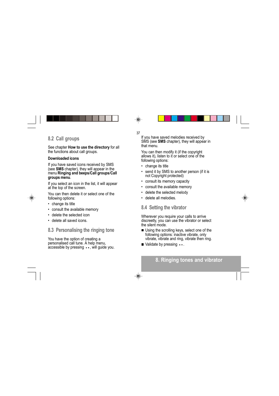 Ringing tones and vibrator 8.2 call groups, 3 personalising the ringing tone, 4 setting the vibrator | Sagem MY 302X User Manual | Page 38 / 63