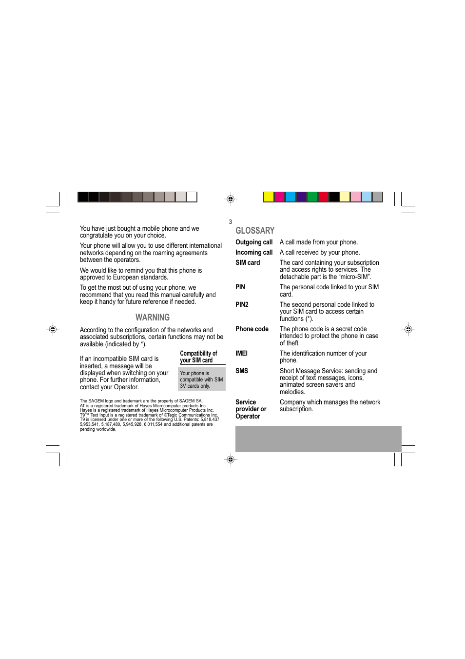 Warning, Glossary | Sagem MY 302X User Manual | Page 4 / 63