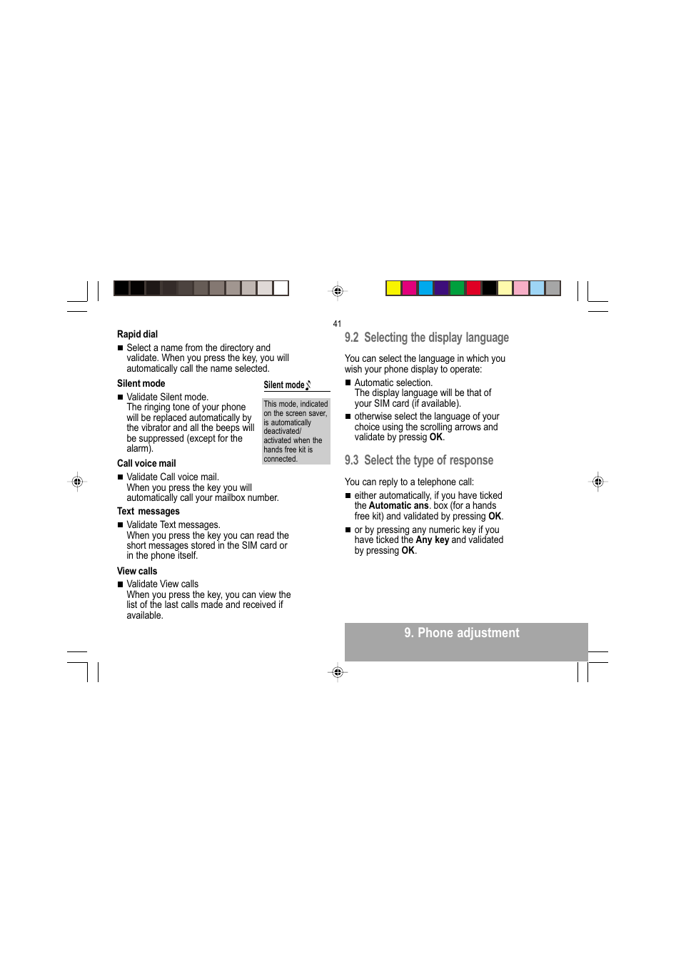 Phone adjustment, 2 selecting the display language, 3 select the type of response | Sagem MY 302X User Manual | Page 42 / 63