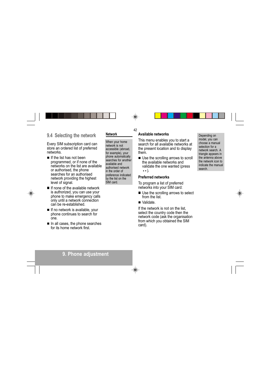 Phone adjustment 9.4 selecting the network | Sagem MY 302X User Manual | Page 43 / 63