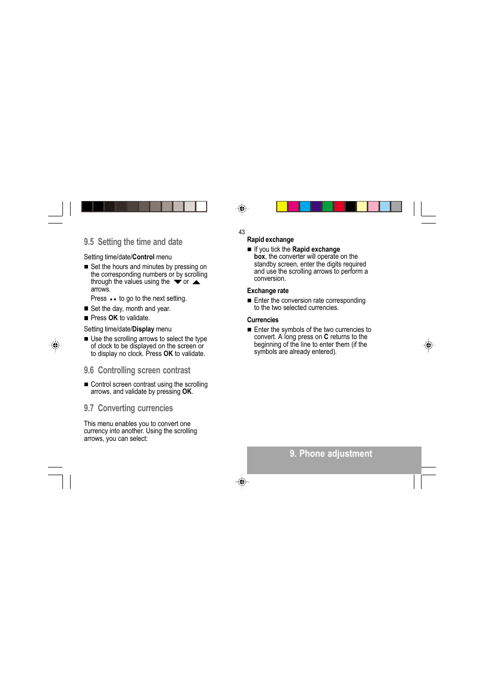 Phone adjustment 9.5 setting the time and date, 6 controlling screen contrast, 7 converting currencies | Sagem MY 302X User Manual | Page 44 / 63