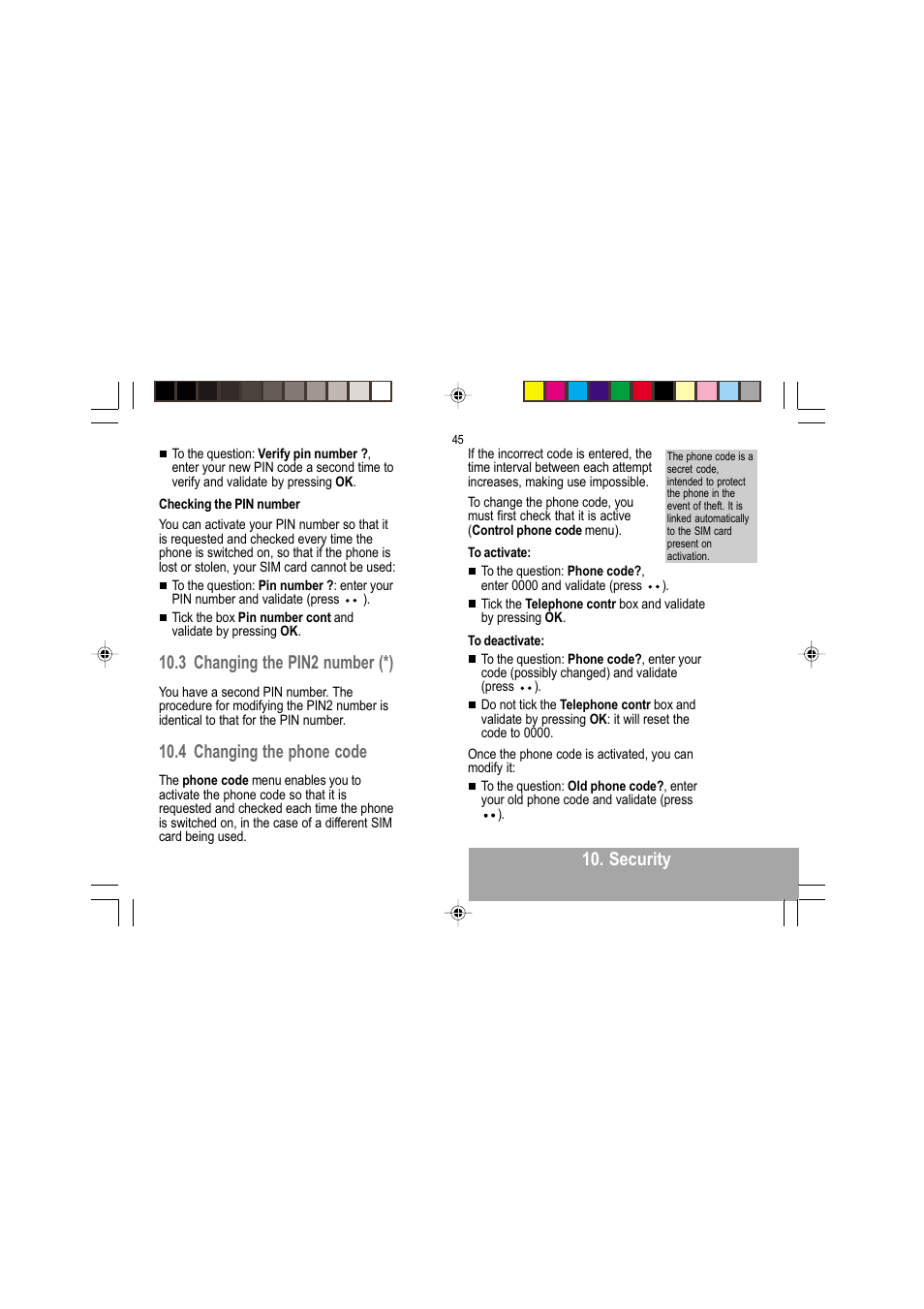 Security, 3 changing the pin2 number (*), 4 changing the phone code | Sagem MY 302X User Manual | Page 46 / 63