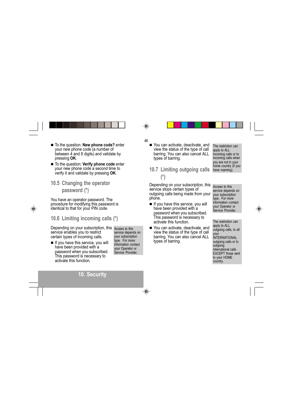 Security, 5 changing the operator password (*), 6 limiting incoming calls (*) | 7 limiting outgoing calls (*) | Sagem MY 302X User Manual | Page 47 / 63