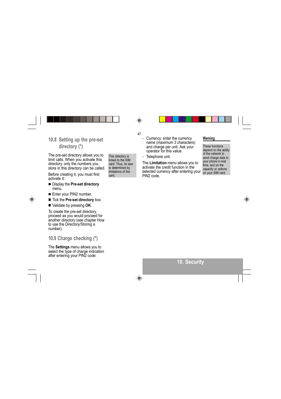 Security 10.8 setting up the pre-set directory (*), 9 charge checking (*) | Sagem MY 302X User Manual | Page 48 / 63