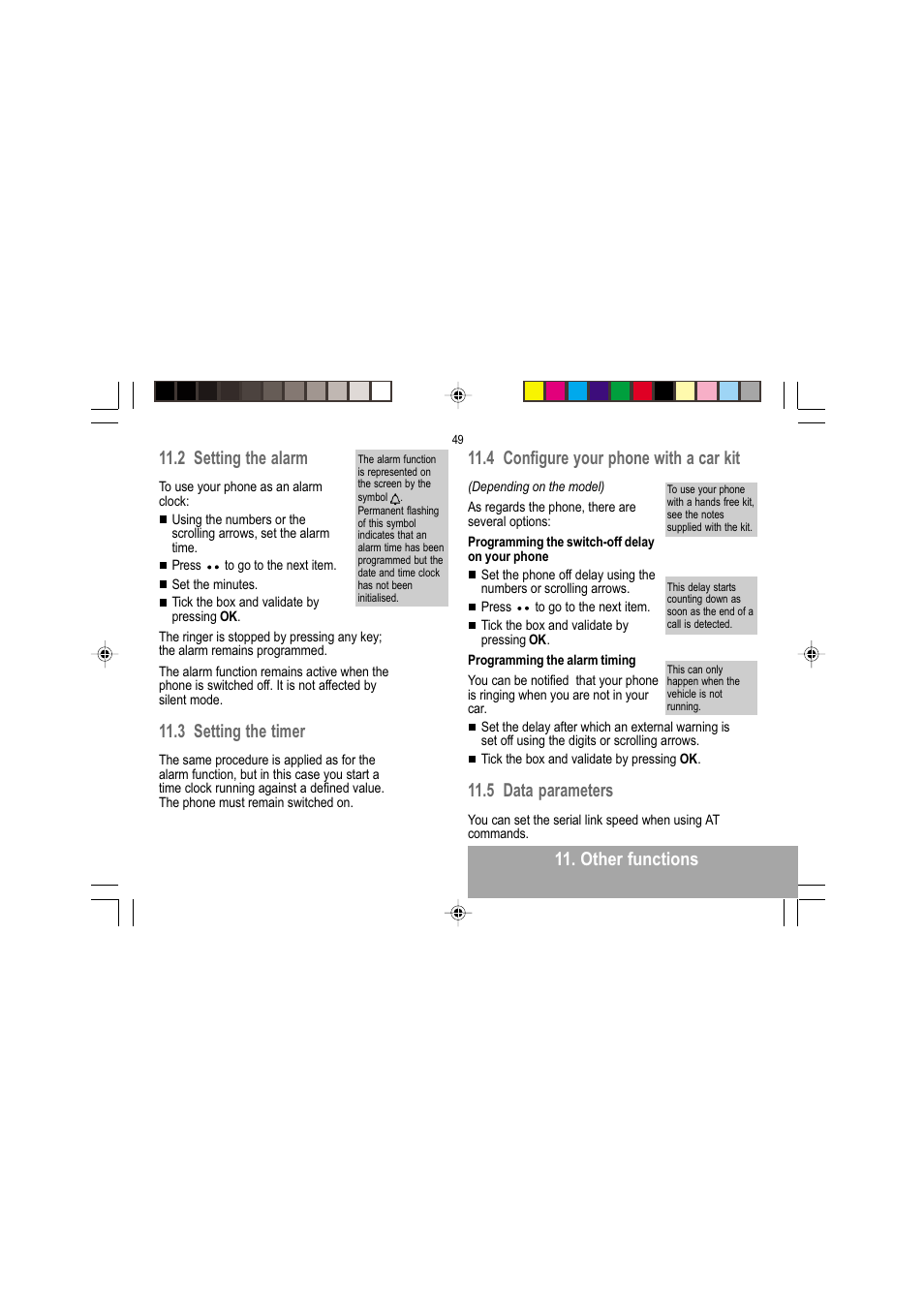 Other functions, 2 setting the alarm, 3 setting the timer | 4 configure your phone with a car kit, 5 data parameters | Sagem MY 302X User Manual | Page 50 / 63