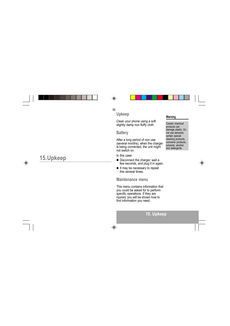 Upkeep, Upkeep upkeep, Battery | Maintenance menu | Sagem MY 302X User Manual | Page 56 / 63