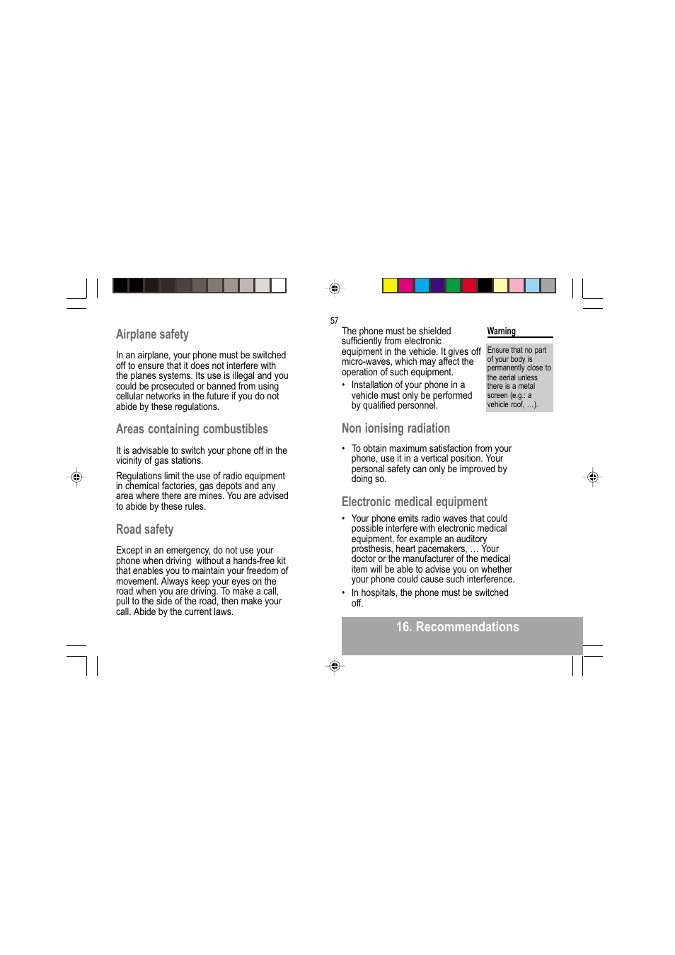 Recommendations airplane safety, Areas containing combustibles, Road safety | Non ionising radiation, Electronic medical equipment | Sagem MY 302X User Manual | Page 58 / 63