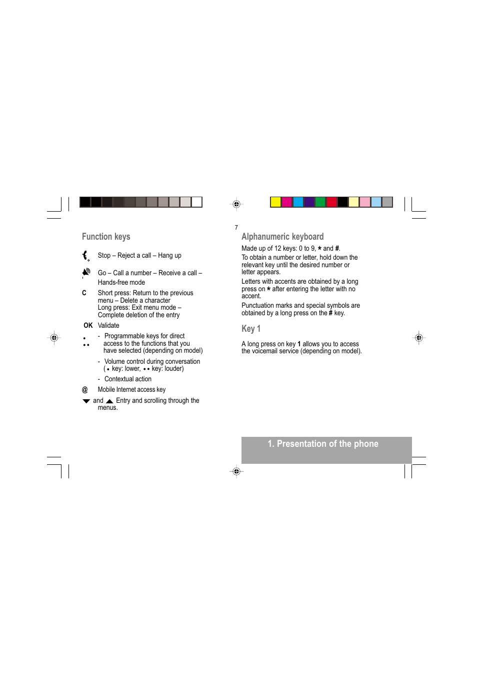 Presentation of the phone function keys, Alphanumeric keyboard, Key 1 | Sagem MY 302X User Manual | Page 8 / 63