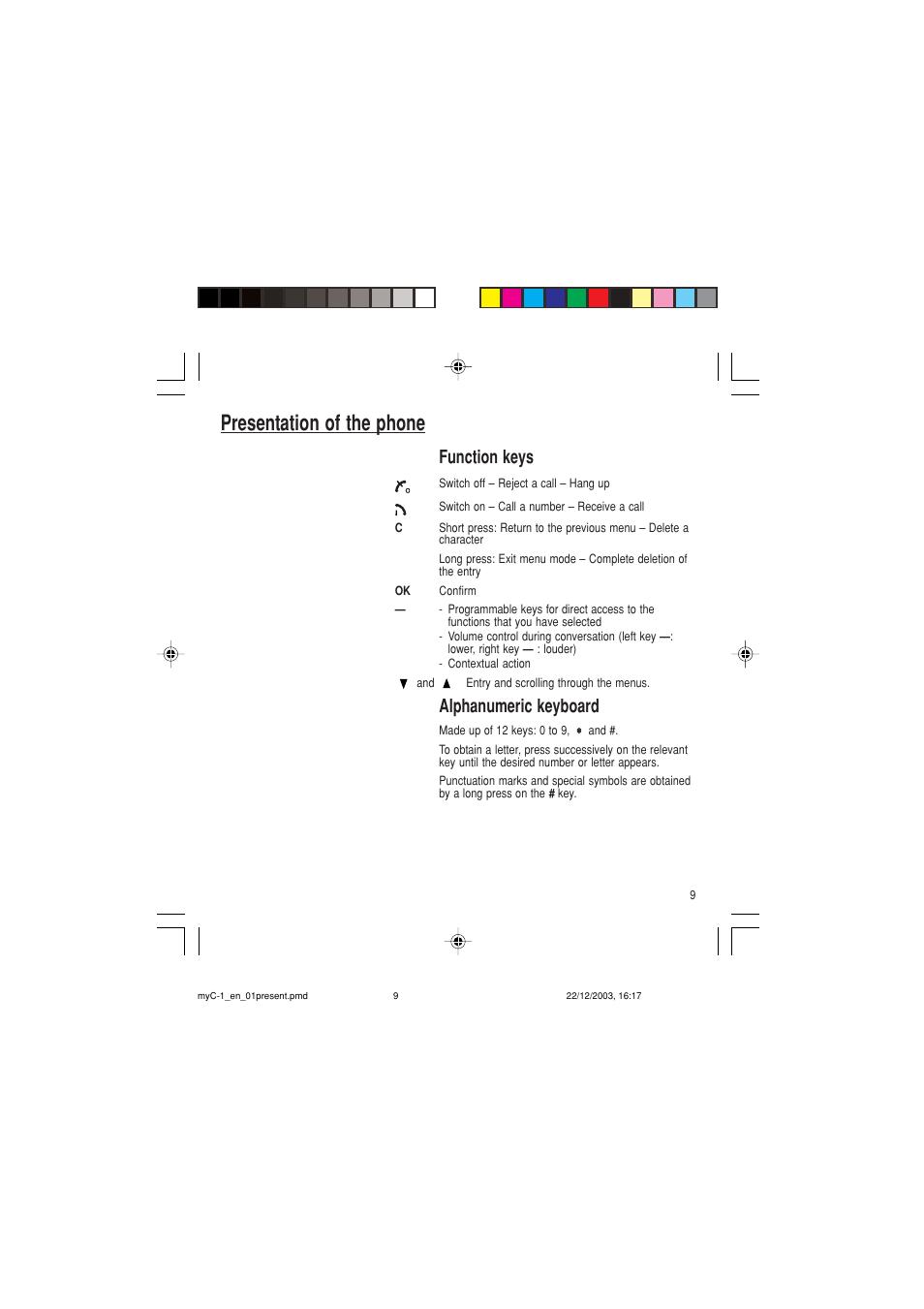 Presentation of the phone, Function keys, Alphanumeric keyboard | Sagem myC-1 User Manual | Page 10 / 61