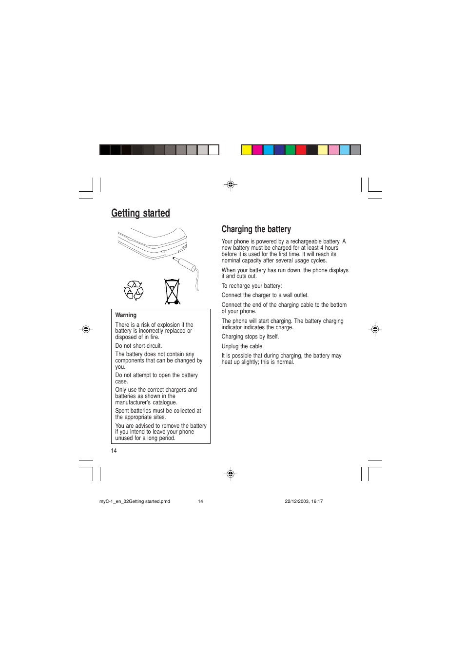 Getting started, Charging the battery | Sagem myC-1 User Manual | Page 15 / 61