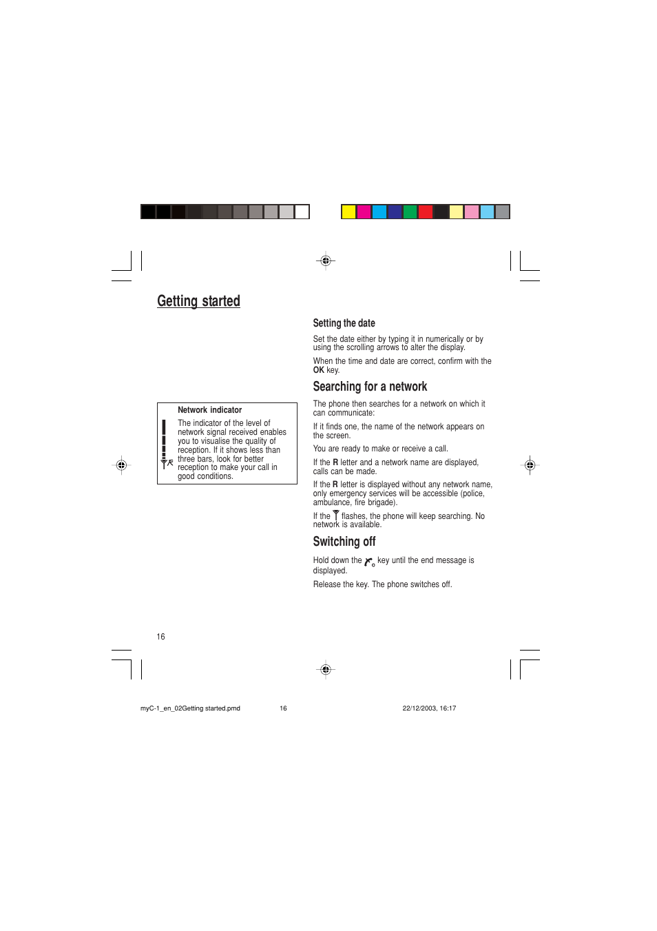 Getting started, Searching for a network, Switching off | Sagem myC-1 User Manual | Page 17 / 61