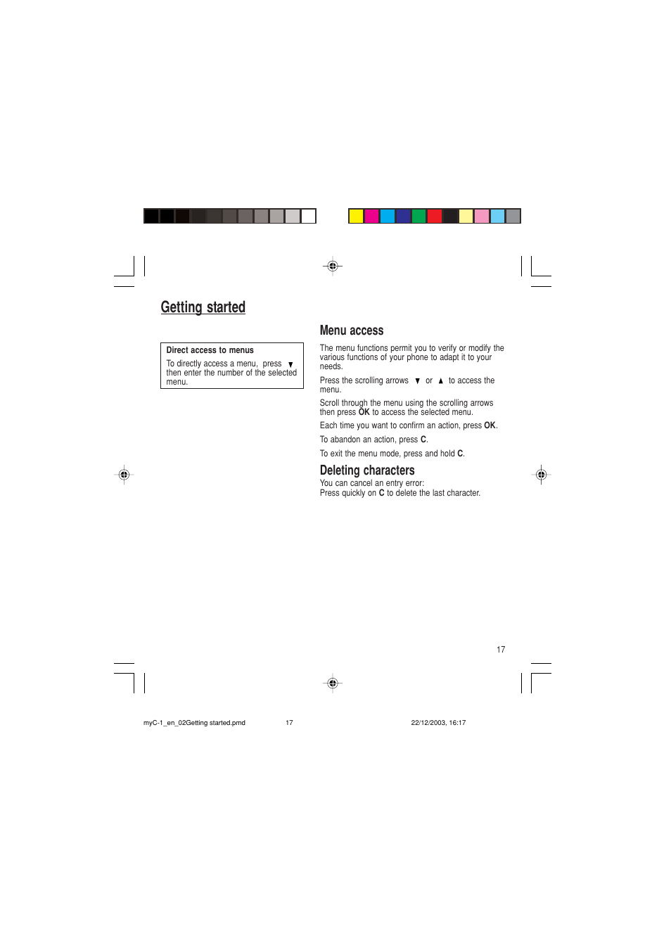 Getting started, Menu access, Deleting characters | Sagem myC-1 User Manual | Page 18 / 61