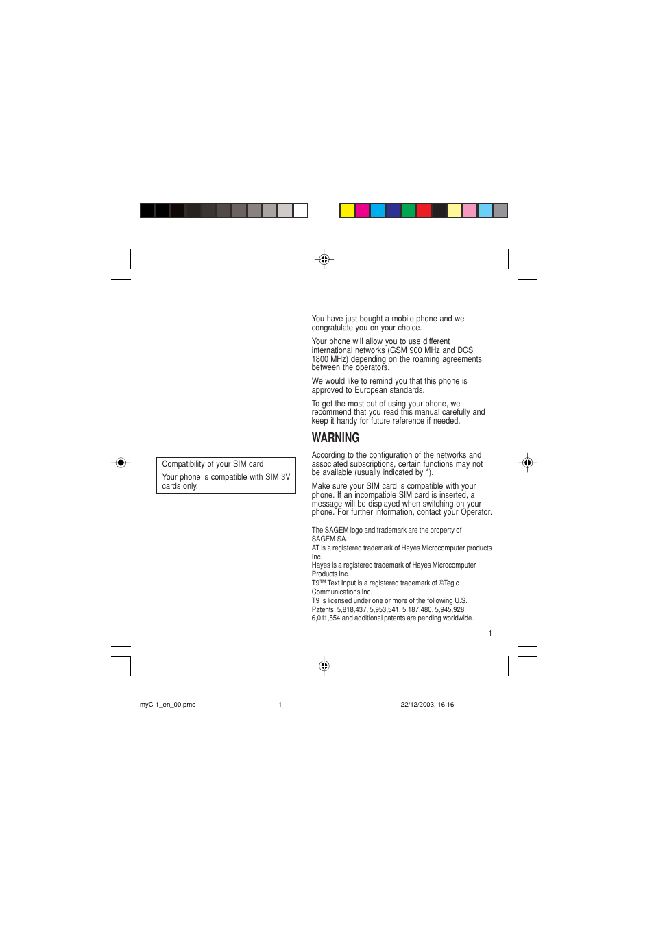 Warning | Sagem myC-1 User Manual | Page 2 / 61