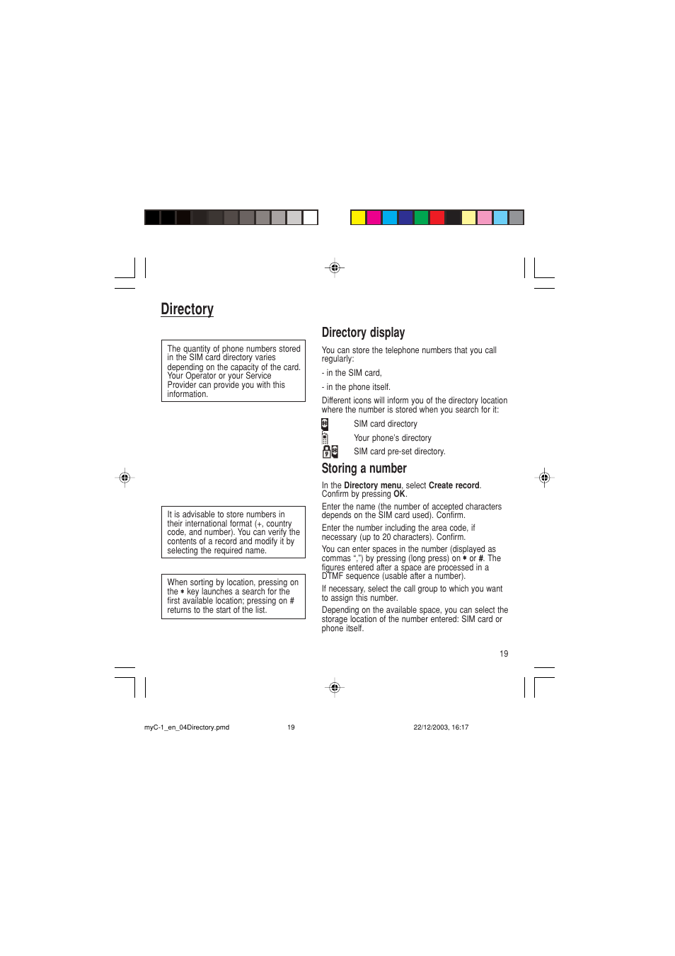 Directory, Directory display, Storing a number | Sagem myC-1 User Manual | Page 20 / 61