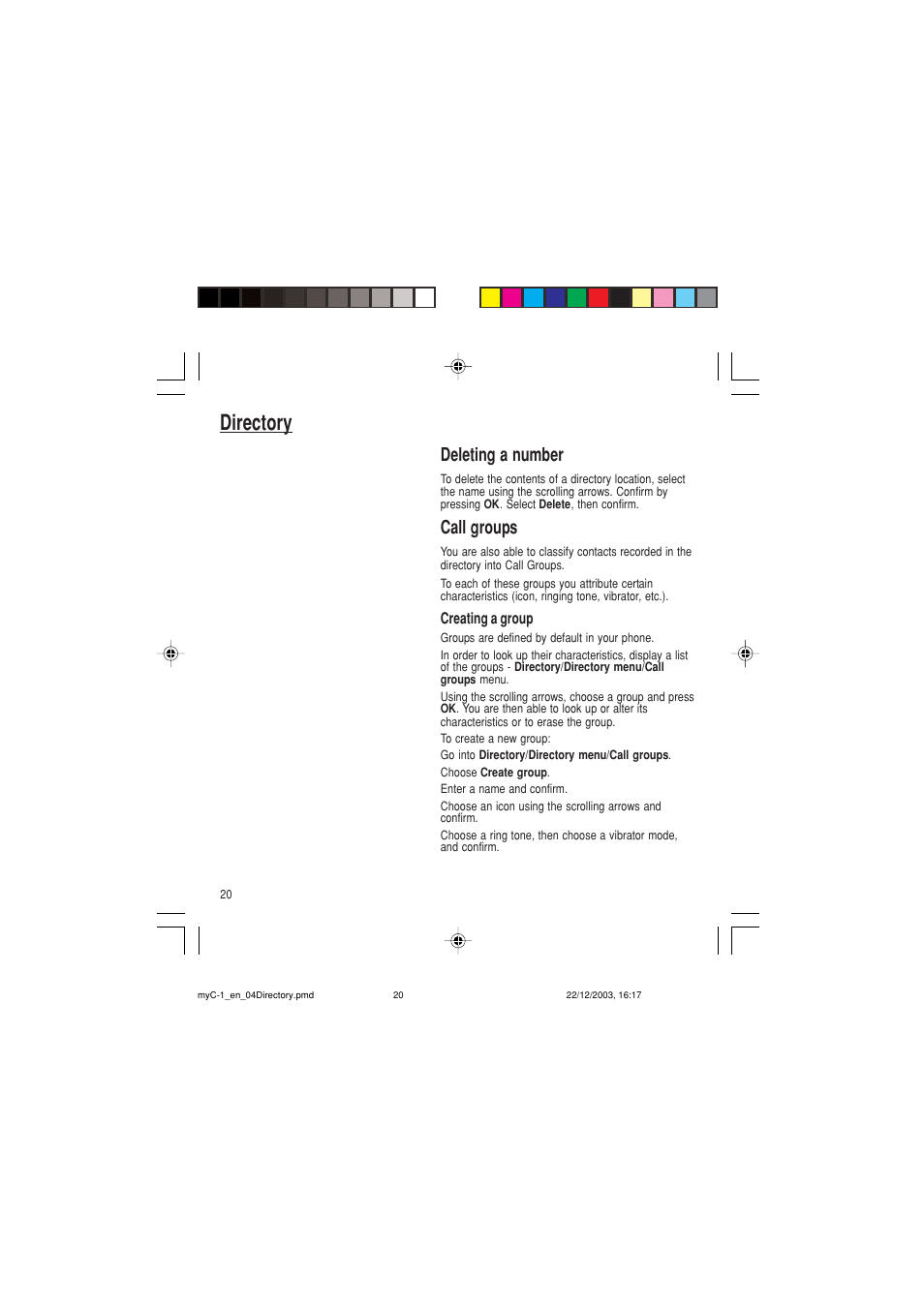 Directory, Deleting a number, Call groups | Sagem myC-1 User Manual | Page 21 / 61