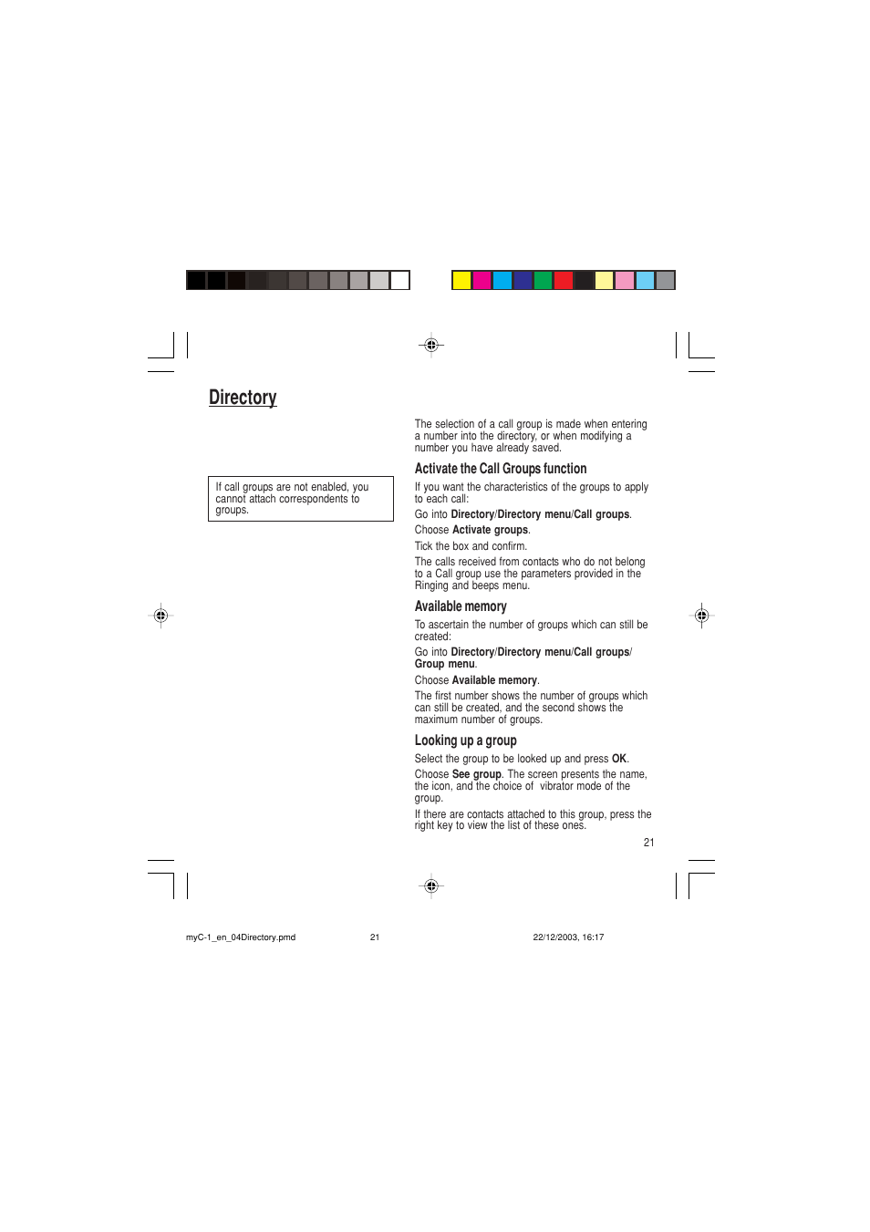 Directory | Sagem myC-1 User Manual | Page 22 / 61