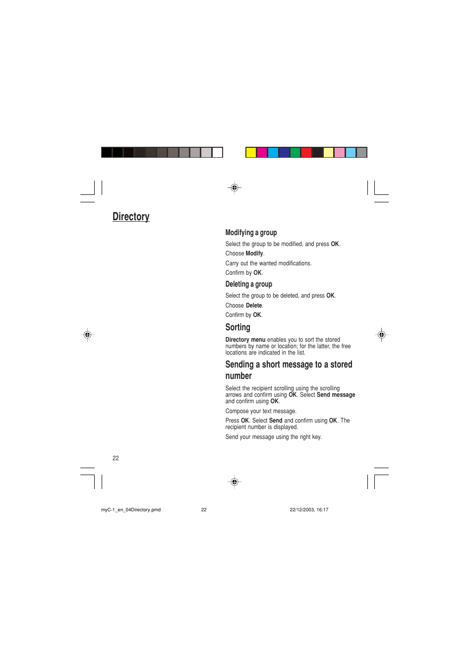 Directory, Sorting, Sending a short message to a stored number | Sagem myC-1 User Manual | Page 23 / 61