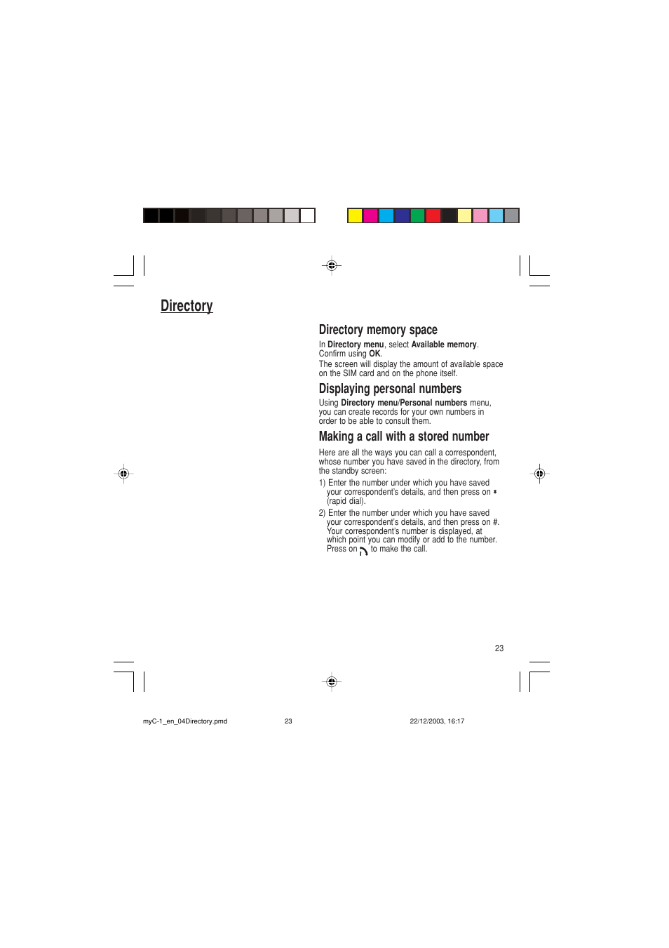 Directory, Displaying personal numbers, Making a call with a stored number | Sagem myC-1 User Manual | Page 24 / 61