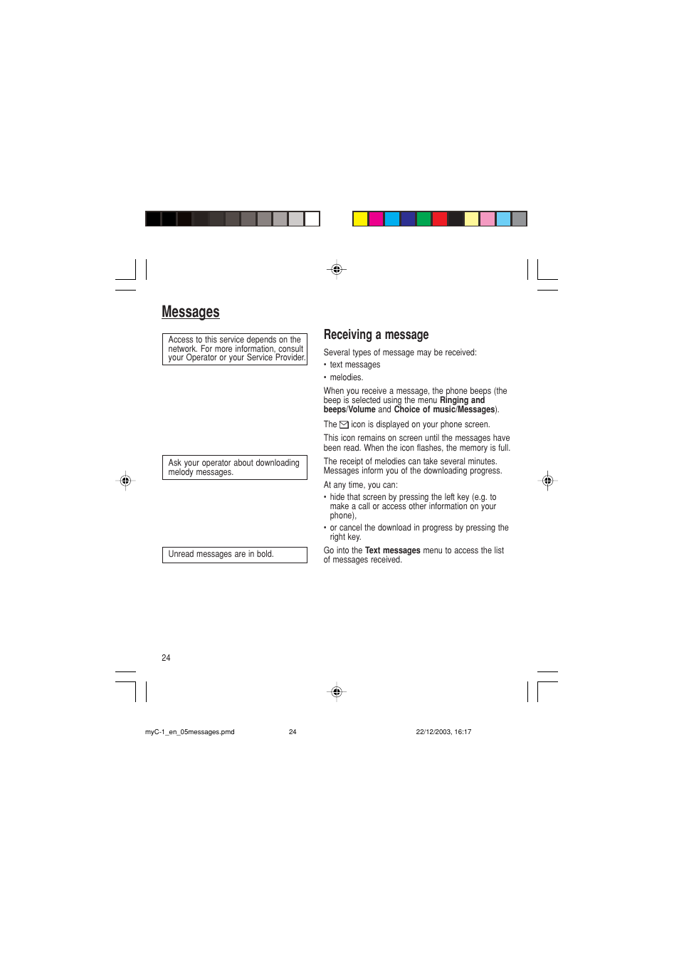 Messages, Receiving a message | Sagem myC-1 User Manual | Page 25 / 61