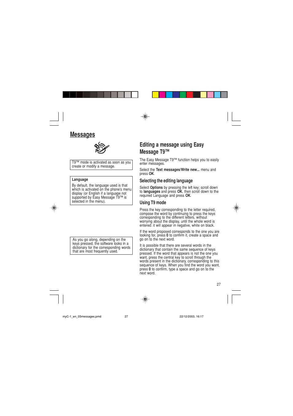 Messages, Editing a message using easy message t9 | Sagem myC-1 User Manual | Page 28 / 61