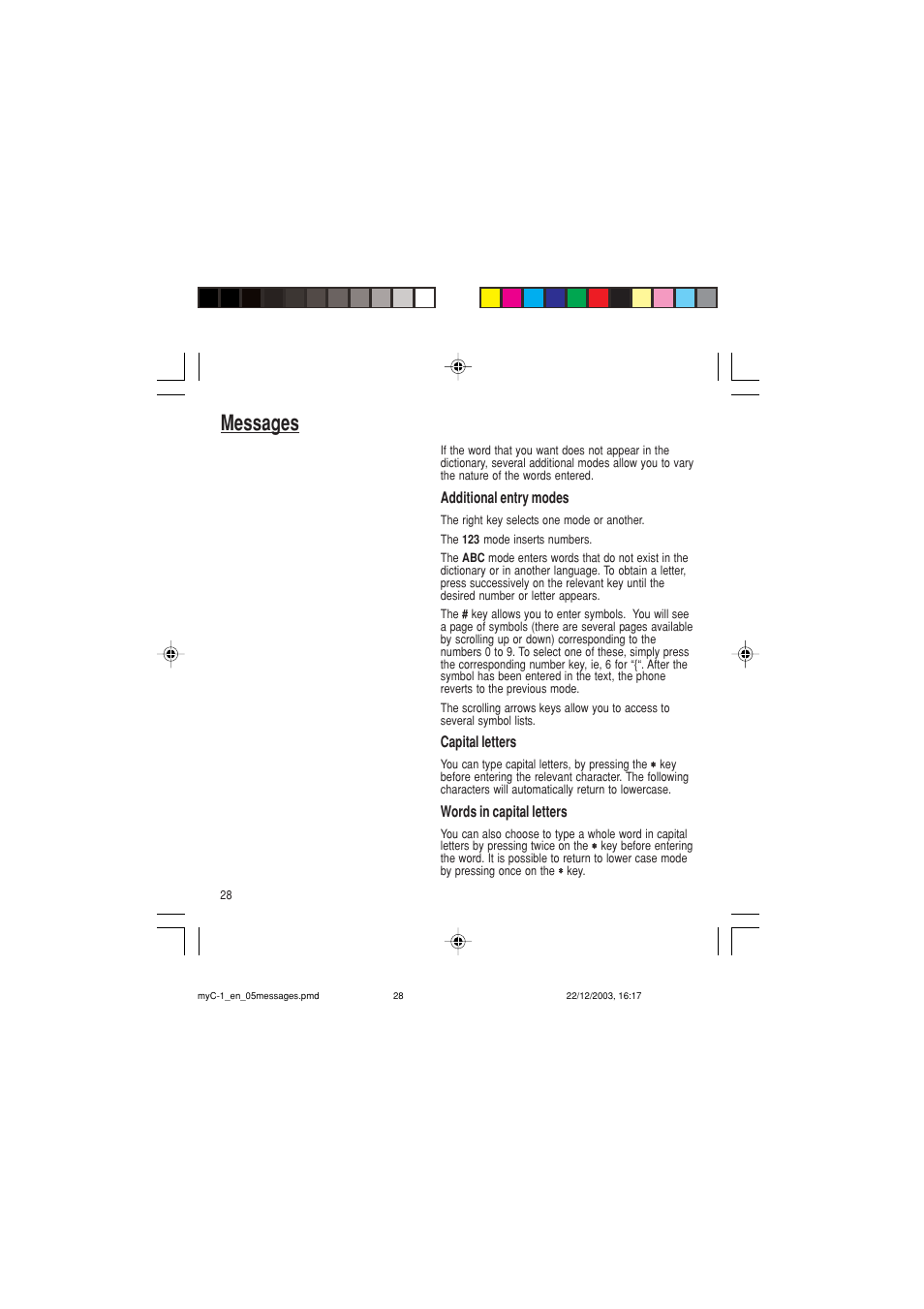 Messages, Additional entry modes, Capital letters | Words in capital letters | Sagem myC-1 User Manual | Page 29 / 61