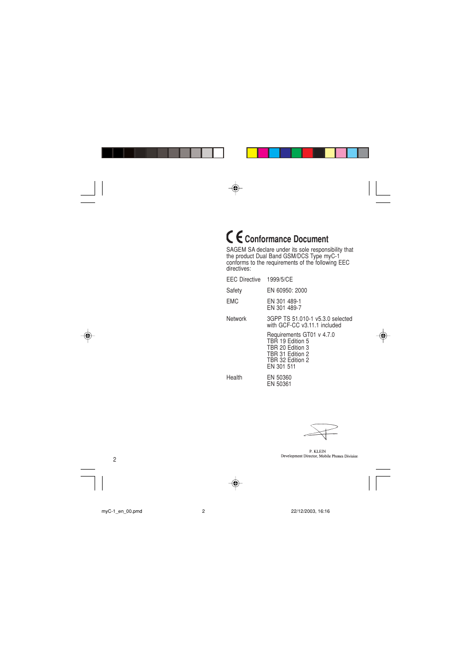 Conformance document | Sagem myC-1 User Manual | Page 3 / 61