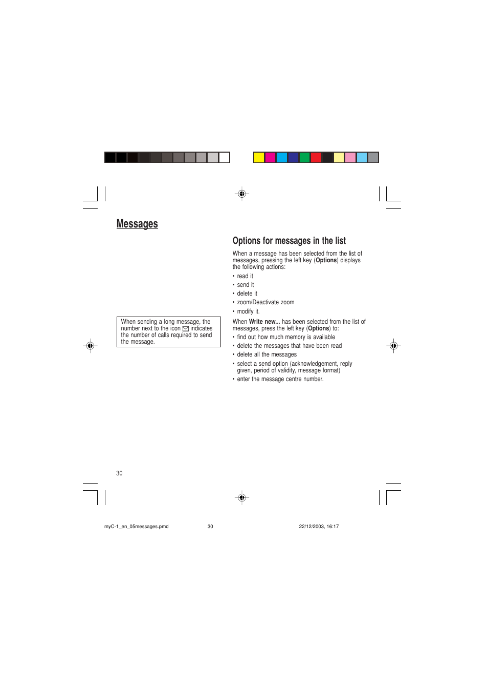 Messages, Options for messages in the list | Sagem myC-1 User Manual | Page 31 / 61