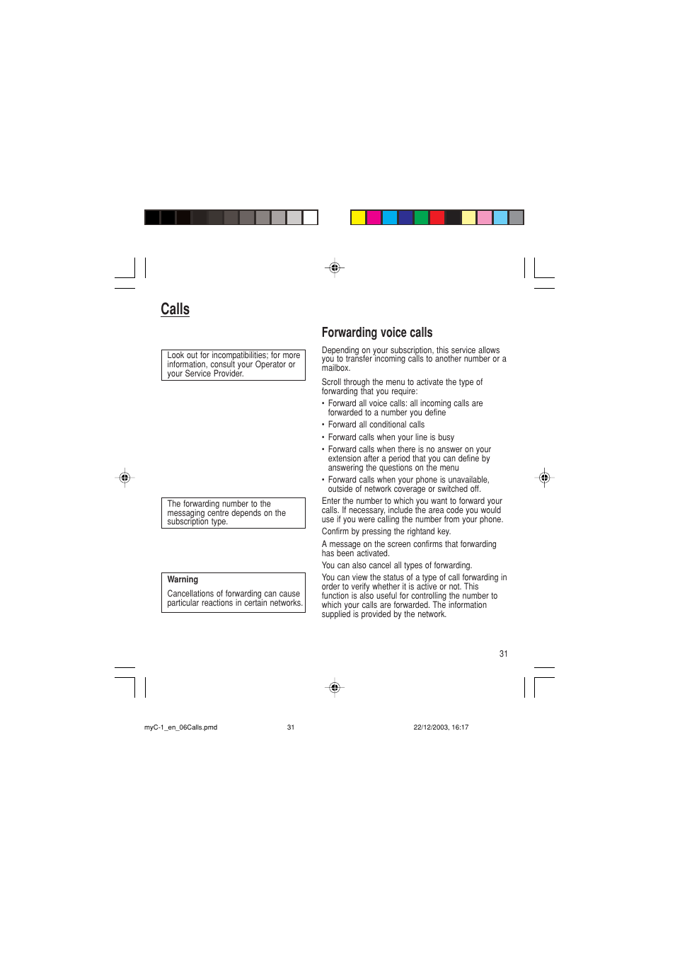 Calls, Forwarding voice calls | Sagem myC-1 User Manual | Page 32 / 61