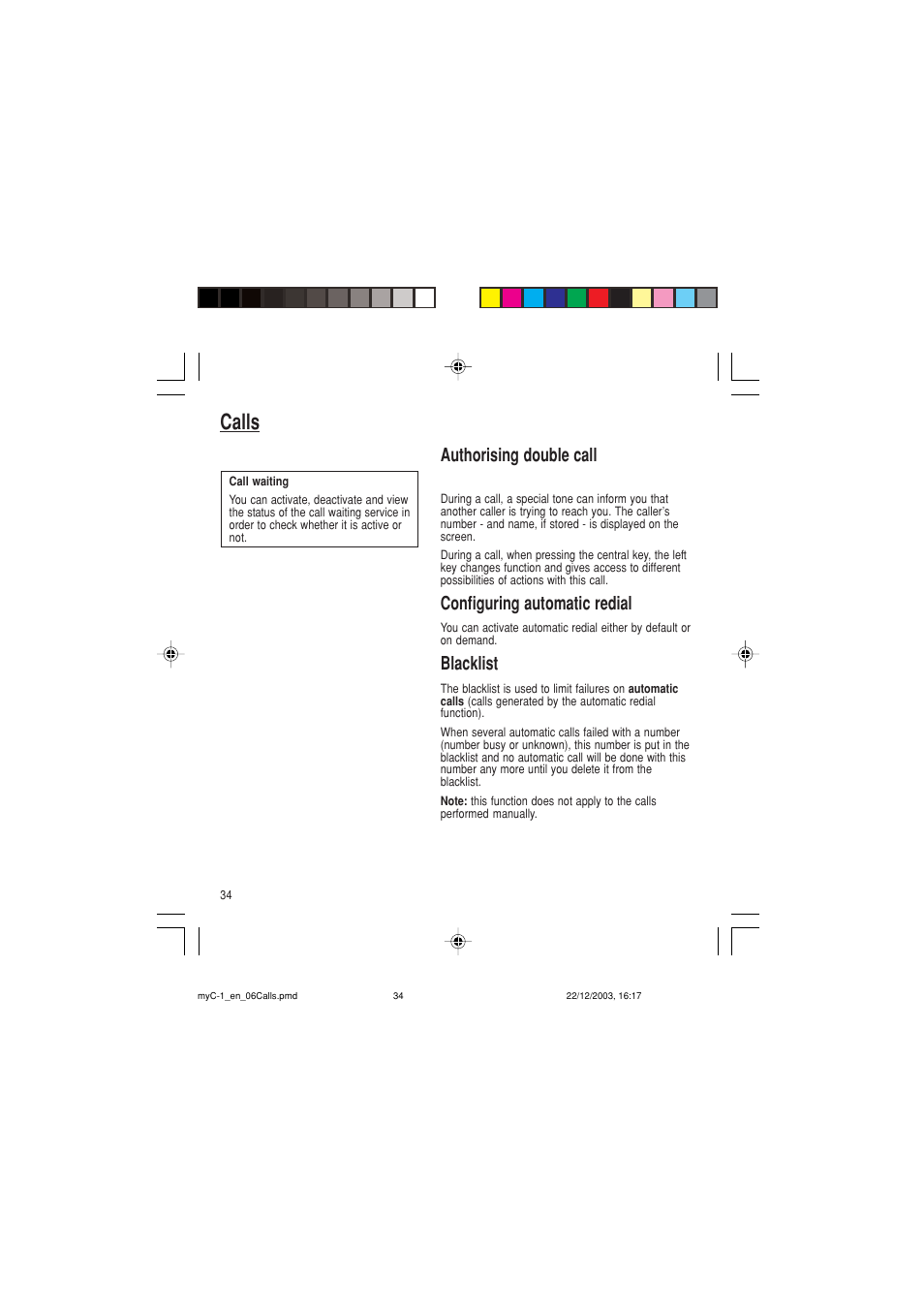 Calls, Authorising double call, Configuring automatic redial | Blacklist | Sagem myC-1 User Manual | Page 35 / 61