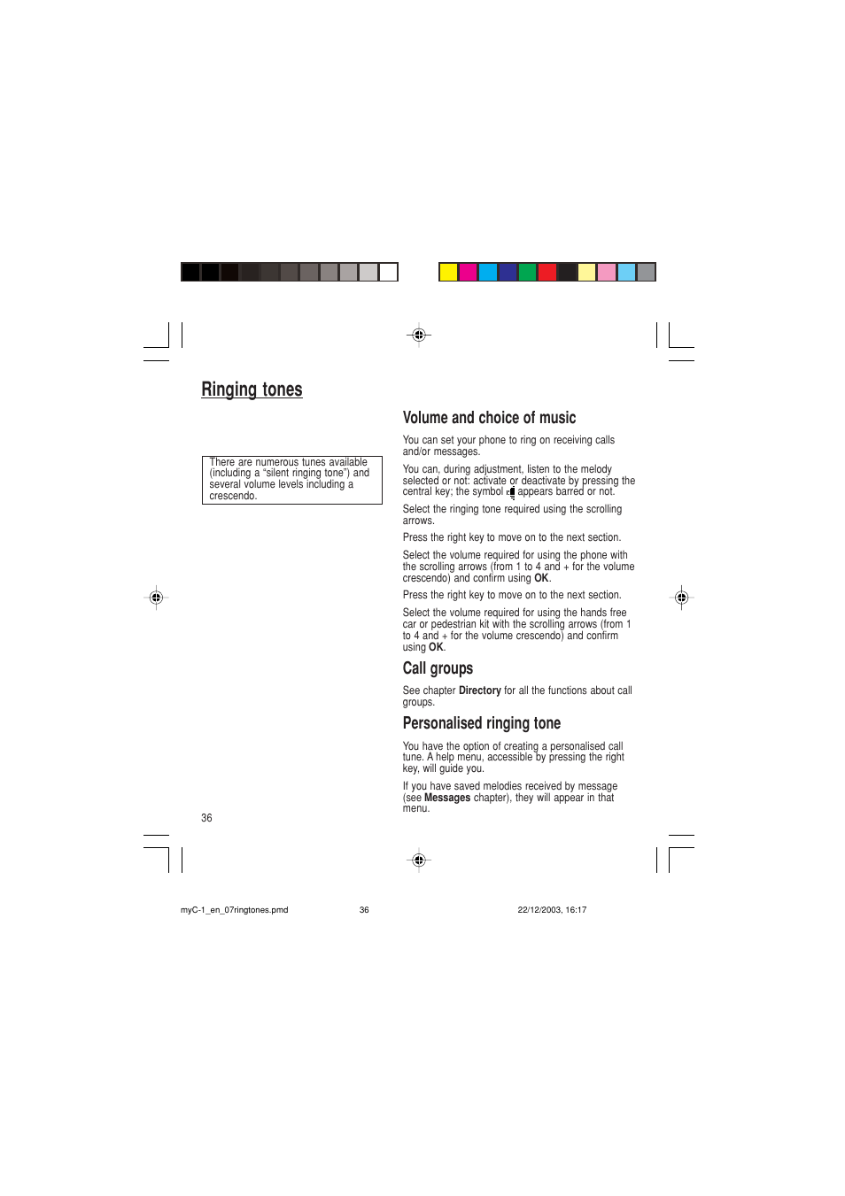 Ringing tones, Volume and choice of music, Call groups | Personalised ringing tone | Sagem myC-1 User Manual | Page 37 / 61