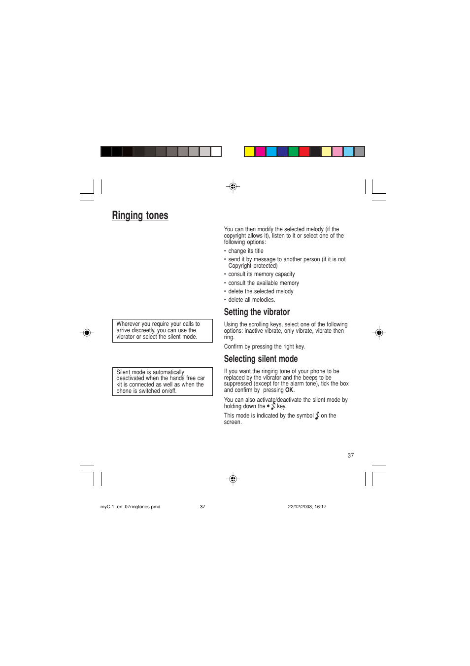 Ringing tones, Setting the vibrator, Selecting silent mode | Sagem myC-1 User Manual | Page 38 / 61