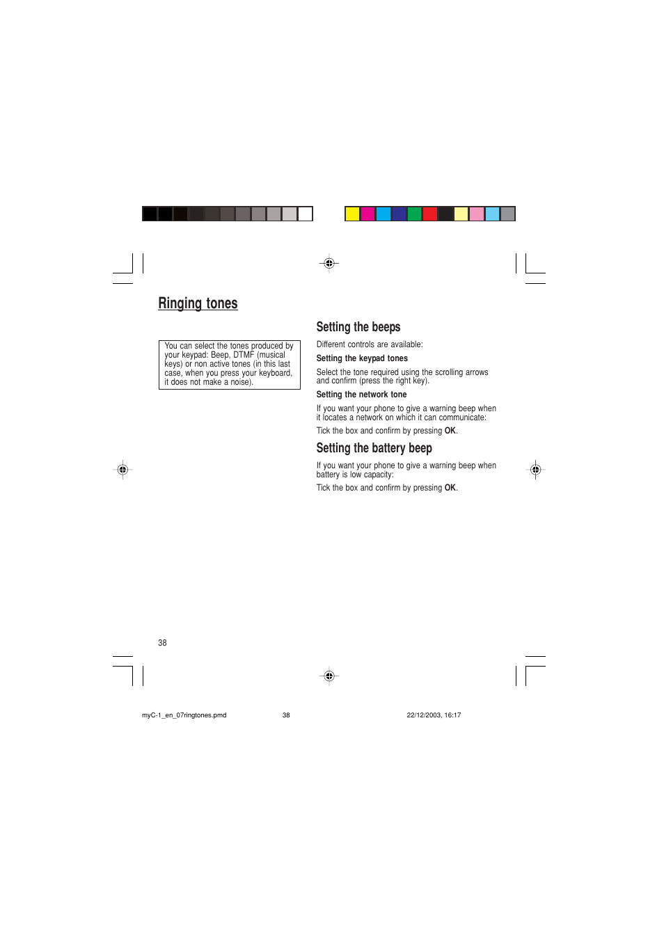 Ringing tones, Setting the beeps, Setting the battery beep | Sagem myC-1 User Manual | Page 39 / 61