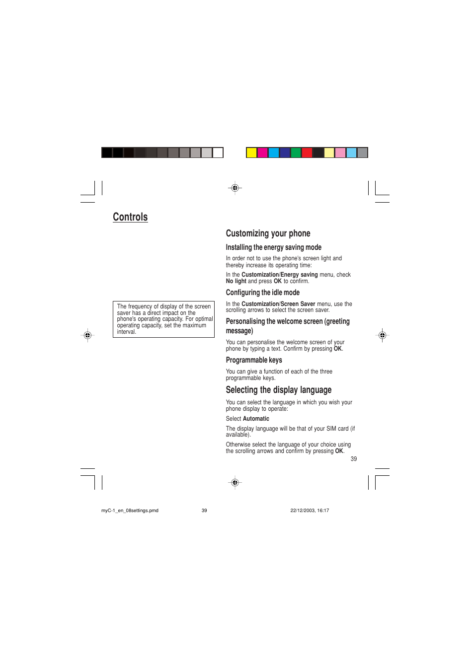 Controls, Customizing your phone, Selecting the display language | Sagem myC-1 User Manual | Page 40 / 61