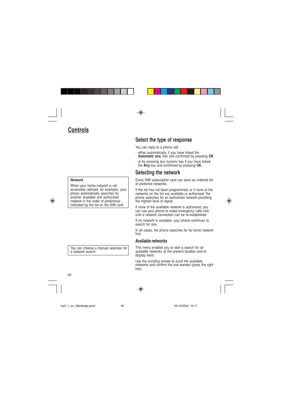 Controls, Select the type of response, Selecting the network | Sagem myC-1 User Manual | Page 41 / 61