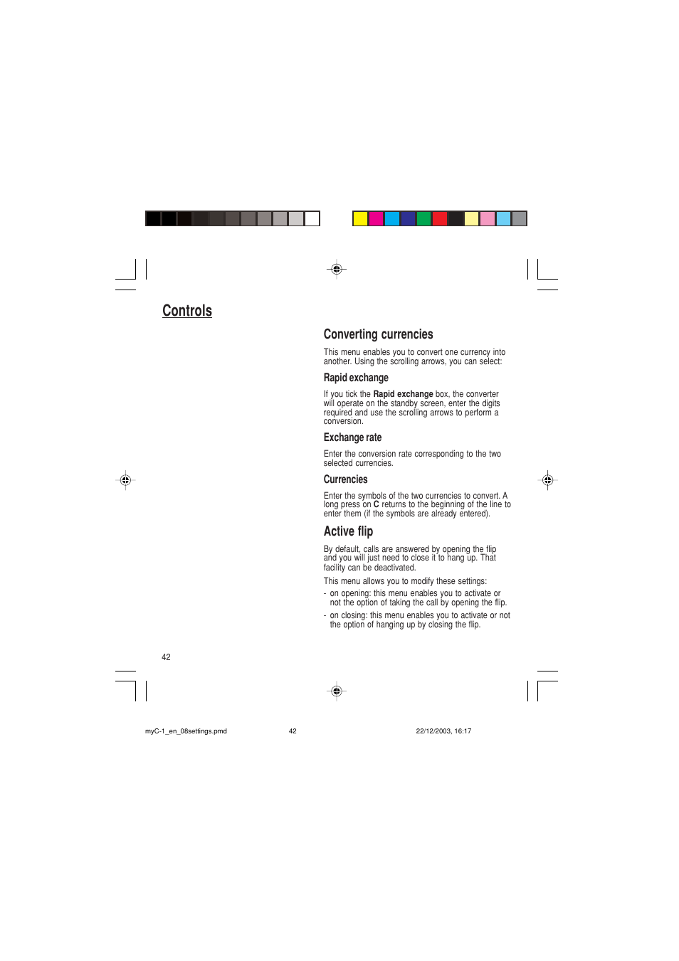 Controls, Converting currencies, Active flip | Sagem myC-1 User Manual | Page 43 / 61