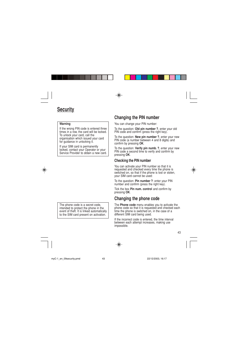 Security, Changing the pin number, Changing the phone code | Sagem myC-1 User Manual | Page 44 / 61