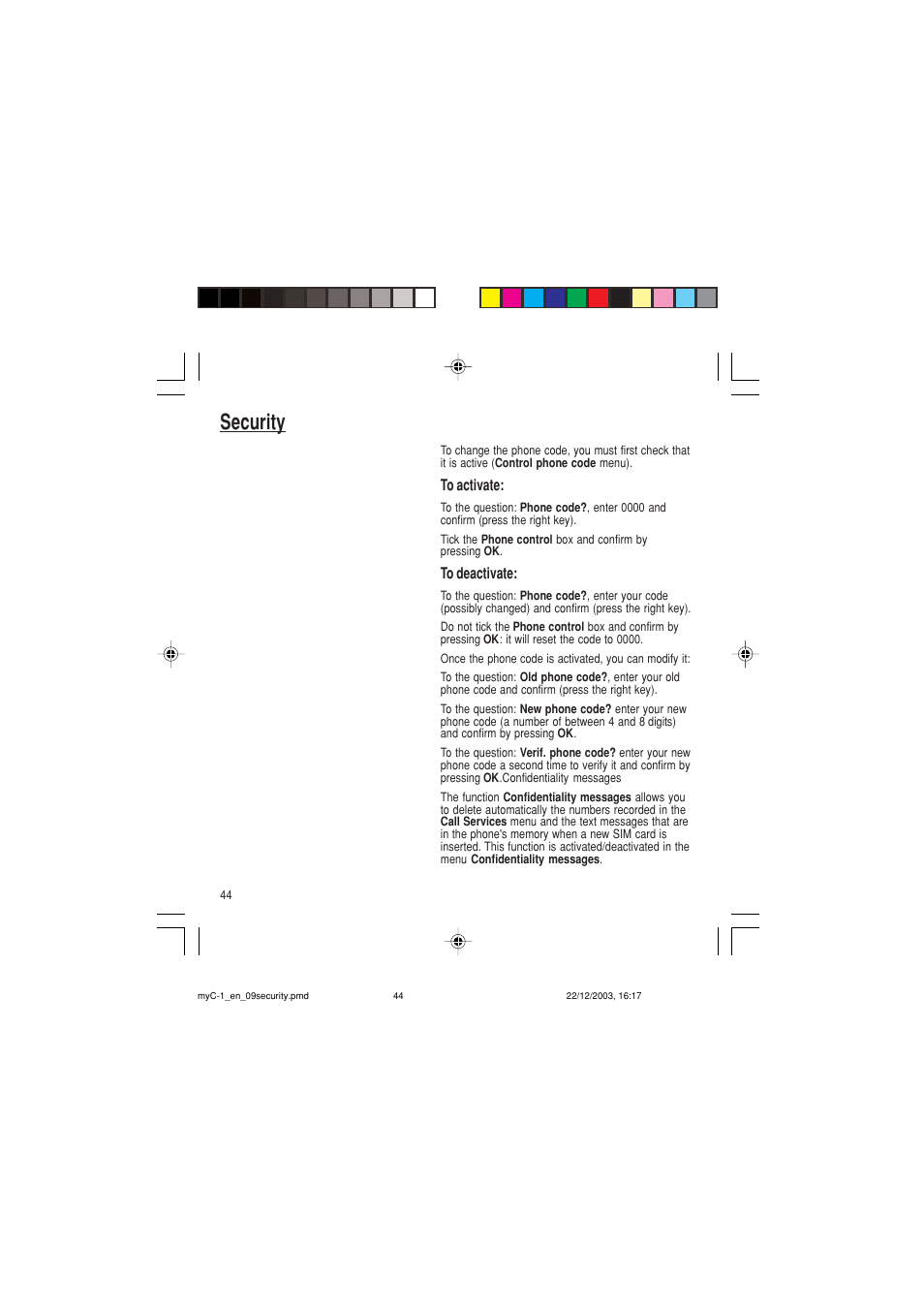 Security | Sagem myC-1 User Manual | Page 45 / 61