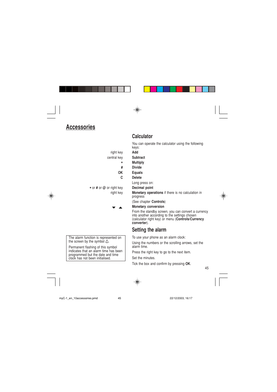 Accessories, Calculator, Setting the alarm | Sagem myC-1 User Manual | Page 46 / 61